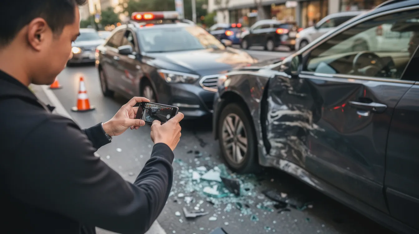 Personal Injury Law Firm in Houston: How Our Houston Personal Injury Lawyers Protect Accident Victims 2 A person is at a car accident scene, using a smartphone to take photographs of the damaged vehicles. This action may be crucial for personal injury claims, helping to document evidence for potential legal representation by experienced personal injury attorneys in Houston.