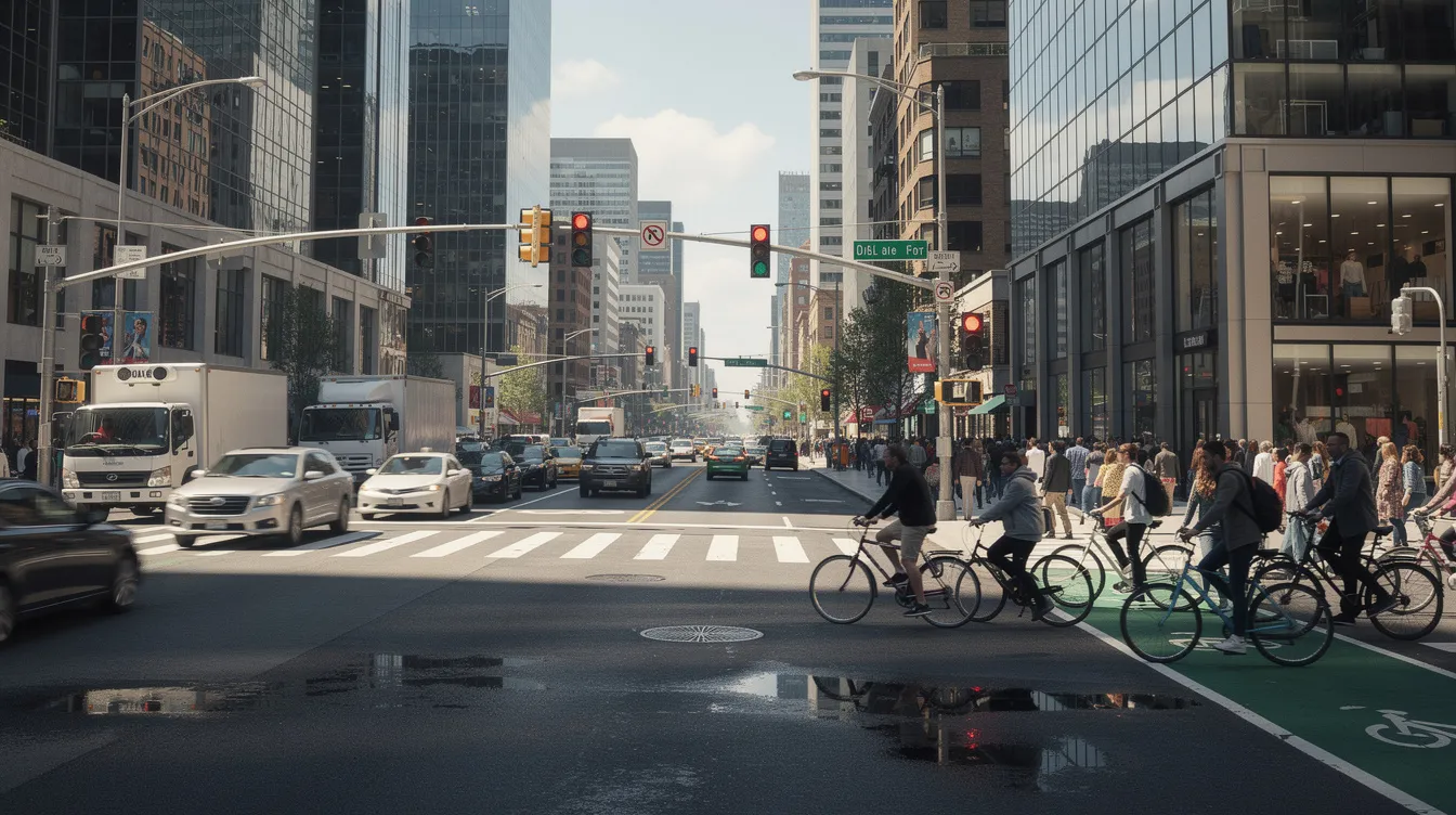 The image depicts a bustling city intersection filled with cars, trucks, bicycles, and pedestrians navigating the crosswalks, highlighting the dynamic nature of urban life. This scene may relate to personal injury law, as busy intersections are common sites for car accidents and other personal injury claims, emphasizing the importance of experienced personal injury attorneys in seeking fair compensation for injured individuals.