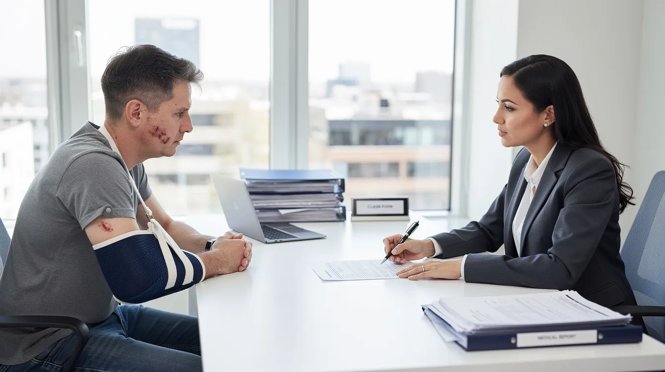 Personal Injury Attorneys & Lawyers: How They Help You Win Your Injury Claim 1 The image shows an injured person sitting across a desk from an experienced personal injury attorney in a modern office, discussing important paperwork related to their personal injury claim. The setting suggests a professional environment where legal representation is being provided to help the injured party pursue compensation for their injuries.