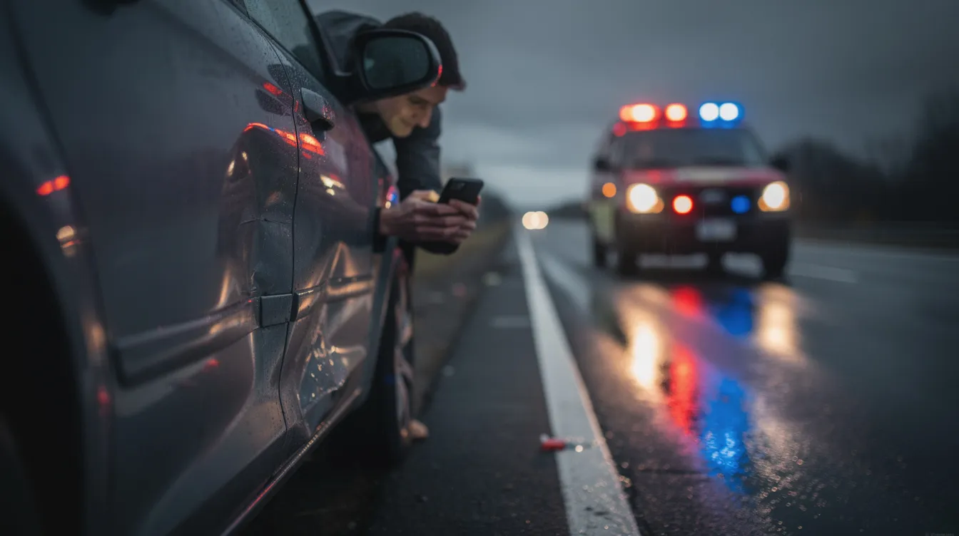 The image shows a person photographing vehicle damage at the side of a road, with emergency lights flashing in the background, likely indicating a truck accident. This scene captures the aftermath of a crash involving commercial trucks, emphasizing the importance of documenting evidence for potential truck accident claims.