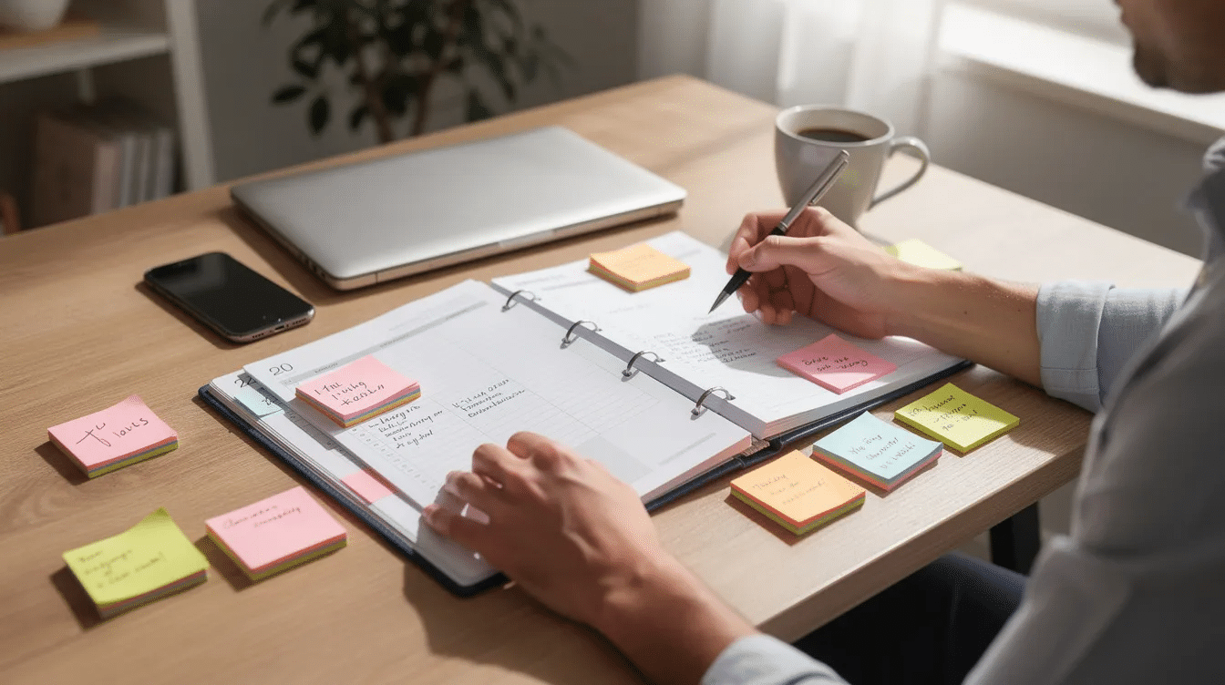 A person sits at a desk, using a planner and smartphone surrounded by colorful sticky notes, suggesting an organized approach to daily living. This image reflects the importance of cognitive function and planning for those managing the long-term effects of brain injury, such as memory problems and emotional issues.