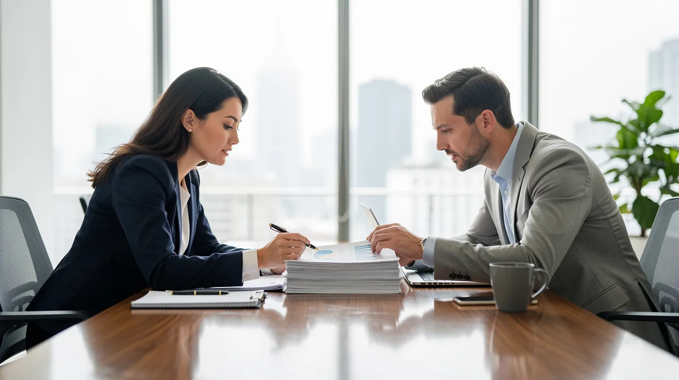 The image depicts two professionals seated at a modern office desk, intently reviewing a stack of documents, likely related to car accident claims and personal injury cases. Their focused discussion suggests they are working together to gather evidence and strategize on how to secure maximum compensation for accident victims.