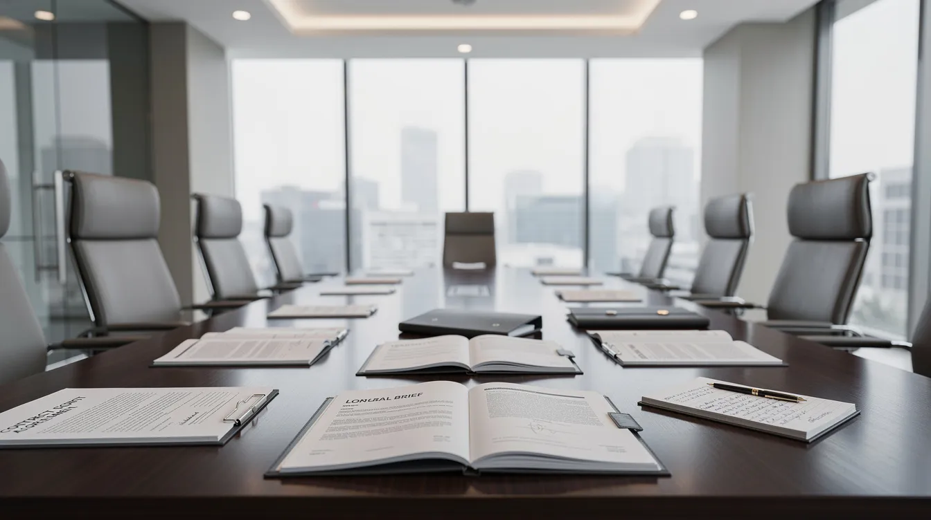 Personal Injury Law Firm in Houston: How Our Houston Personal Injury Lawyers Protect Accident Victims 4 The image shows a professional conference room with a large table covered in various legal documents, surrounded by office chairs, creating an environment suitable for discussions on personal injury cases. This setting is ideal for personal injury lawyers in Houston to strategize on maximizing compensation for their clients, including those dealing with serious injuries and medical malpractice claims.