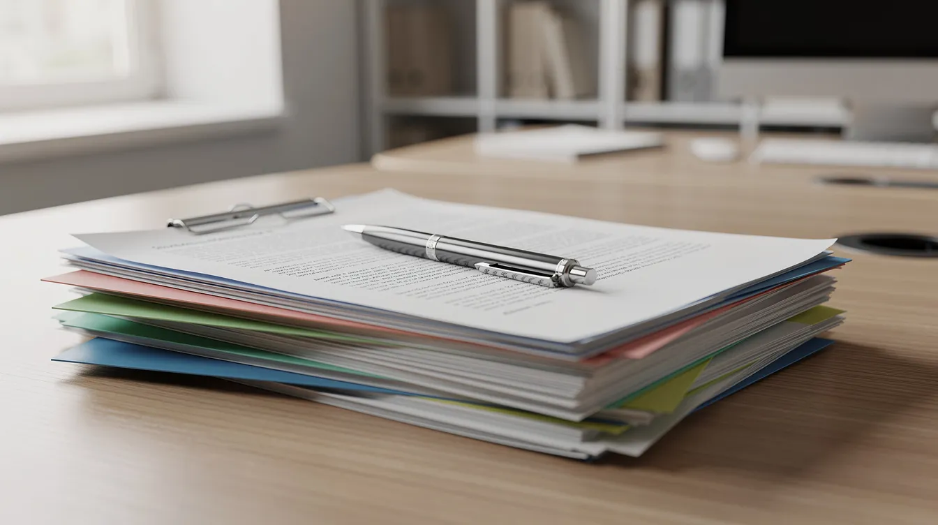 Best Auto Accident Lawyer: How to Find the Right Car Accident Attorney for Your Case 4 The image shows a cluttered office desk featuring stacked documents and folders alongside a pen, suggesting an environment where personal injury claims, such as those related to car accidents, are being organized for review. This workspace may be associated with a personal injury lawyer preparing to assist accident victims with their legal needs.