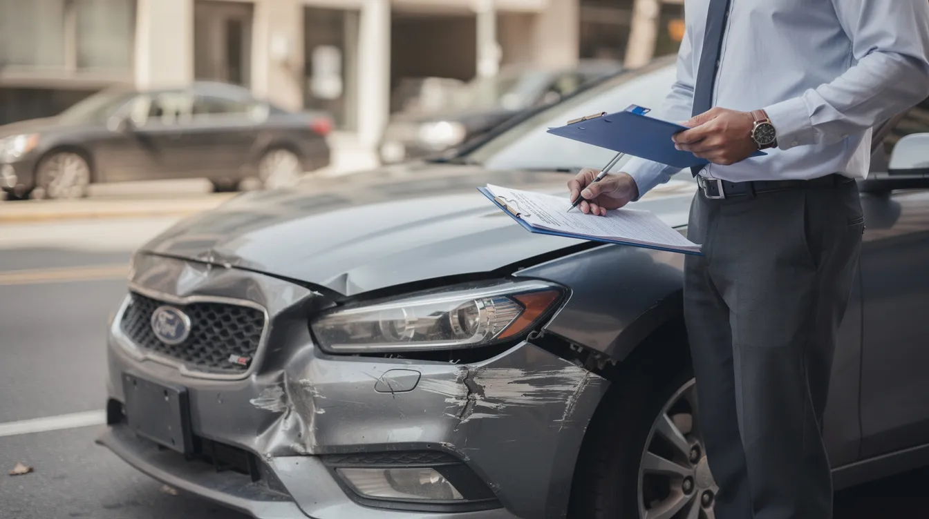 Best Attorney for Auto Accident: How to Choose the Right Car Accident Lawyer in 2026 3 A professional, equipped with a clipboard, is meticulously examining the damage on a car involved in a serious accident, taking notes to assist in potential car accident claims. This scene highlights the importance of experienced car accident attorneys in evaluating vehicle damage for accident victims seeking legal representation and compensation for their losses.