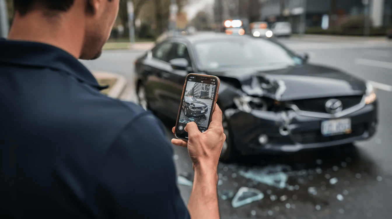 The image shows a person standing at an accident scene, using their smartphone to photograph the damage to a vehicle involved in a car accident. This documentation can be crucial for personal injury claims and helps in determining fault and securing financial compensation for injury victims.