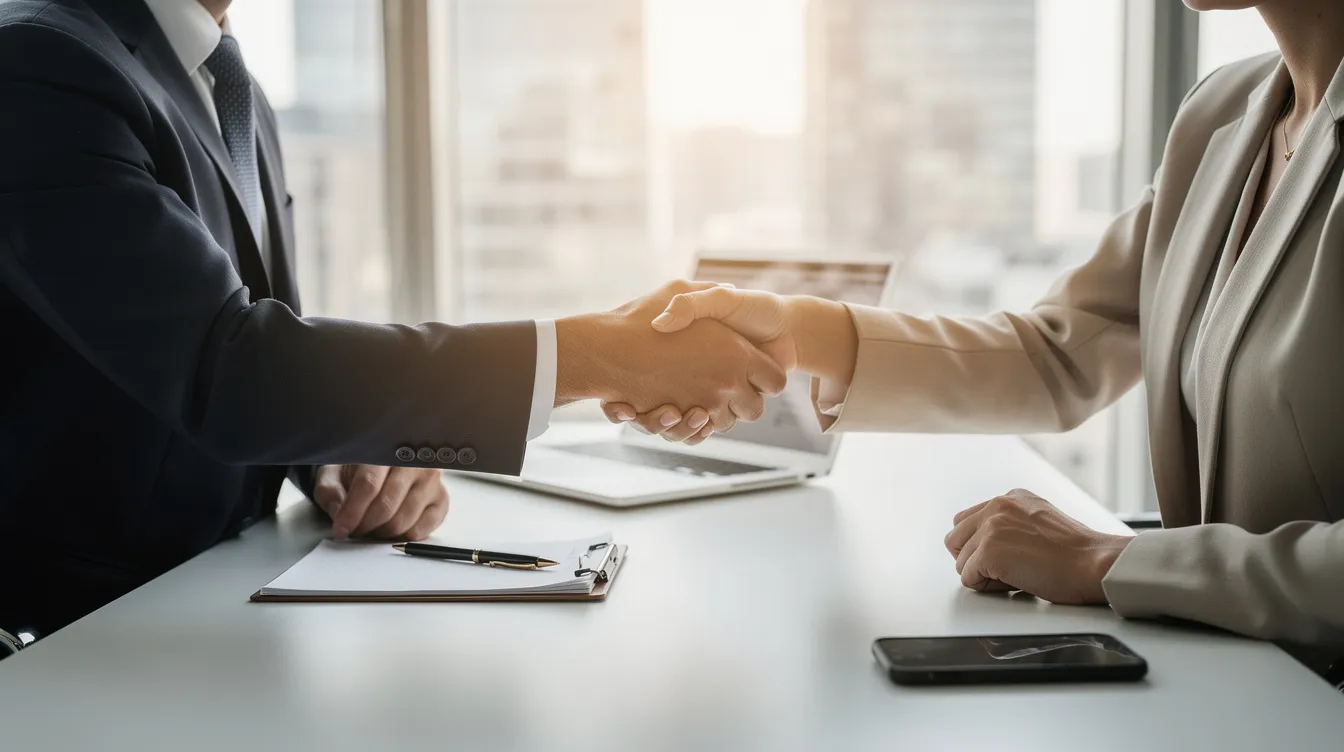 Attorneys for Personal Injury: How the Right Injury Lawyer Protects Your Claim 4 The image shows two professionals shaking hands across a desk in a modern office, symbolizing a successful partnership or agreement, possibly related to personal injury law. This scene conveys a sense of trust and collaboration, essential in navigating personal injury claims and securing fair compensation for injury victims.