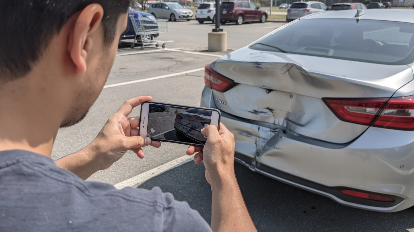 Best Auto Accident Lawyer: How to Find the Right Car Accident Attorney for Your Case 2 A person stands in a parking lot, using a smartphone to photograph a damaged car bumper, likely assessing the scene of a recent car accident. This image captures the moment when accident victims document vehicle damage for potential car accident claims, which may involve personal injury lawyers and insurance companies.