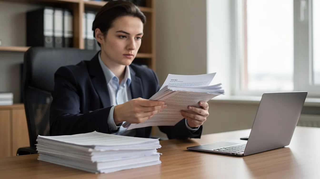A professional attorney employee is seated at a desk, reviewing a stack of legal documents related to employment law, while a laptop is open in front of them. The scene reflects the meticulous legal process involved in handling employment disputes, such as wrongful termination and workplace discrimination.