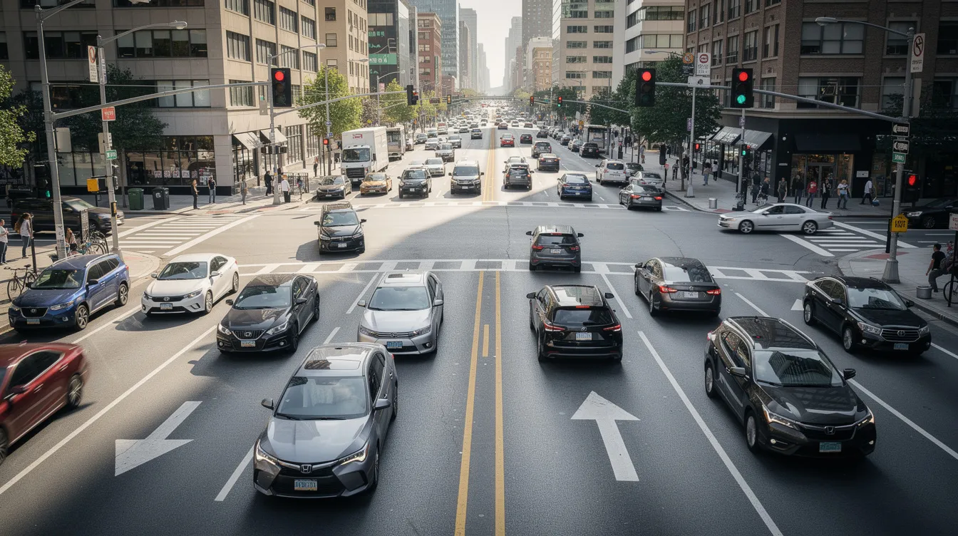 Best Auto Accident Lawyer: How to Find the Right Car Accident Attorney for Your Case 1 The image depicts a busy intersection filled with multiple lanes of cars, all waiting at traffic lights. This scene is typical of urban areas where car accidents can occur, highlighting the importance of having a knowledgeable car accident lawyer to assist victims with their claims.