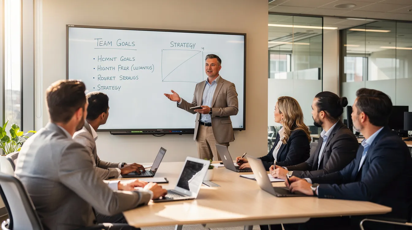 A manager is leading a small group training session in a modern office, with a whiteboard displaying key points related to labor and employment law. The setting emphasizes the importance of understanding employment relationships and compliance with federal and state laws.