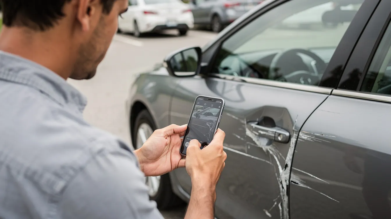 Best Attorney for Auto Accident: How to Choose the Right Car Accident Lawyer in 2026 4 The image shows a person using a smartphone to take a photograph of damage on the side of a car, likely following a car accident. This documentation may be crucial for car accident victims seeking legal representation from an experienced car accident attorney to address property damage and potential injuries.