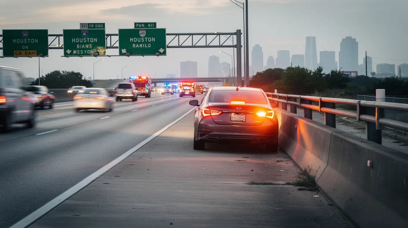 What to Do After a Car Accident in Houston: Step by Step Guide From Houston Personal Injury Lawyers 1 A car is pulled over on the shoulder of a Houston highway with its hazard lights flashing, while emergency vehicles approach in the distance. This scene captures the aftermath of a car accident, highlighting the importance of safety and immediate medical attention in such stressful situations.