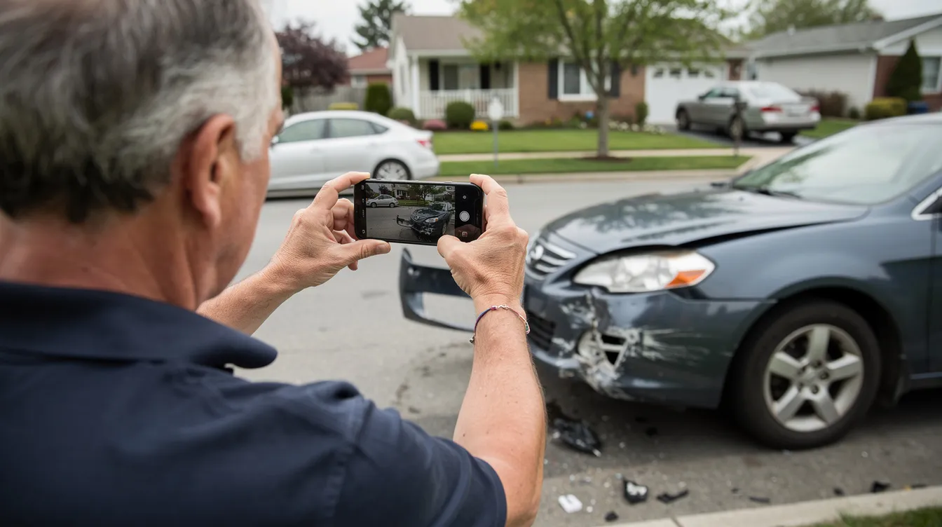 Best Attorney for Auto Accident: How to Choose the Right Car Accident Lawyer in 2026 4 A person is using a smartphone to capture images of vehicle damage at an accident scene on a residential street, highlighting the aftermath of a car accident. This documentation is crucial for car accident victims seeking legal representation from experienced car accident attorneys to recover compensation for damages and injuries sustained.