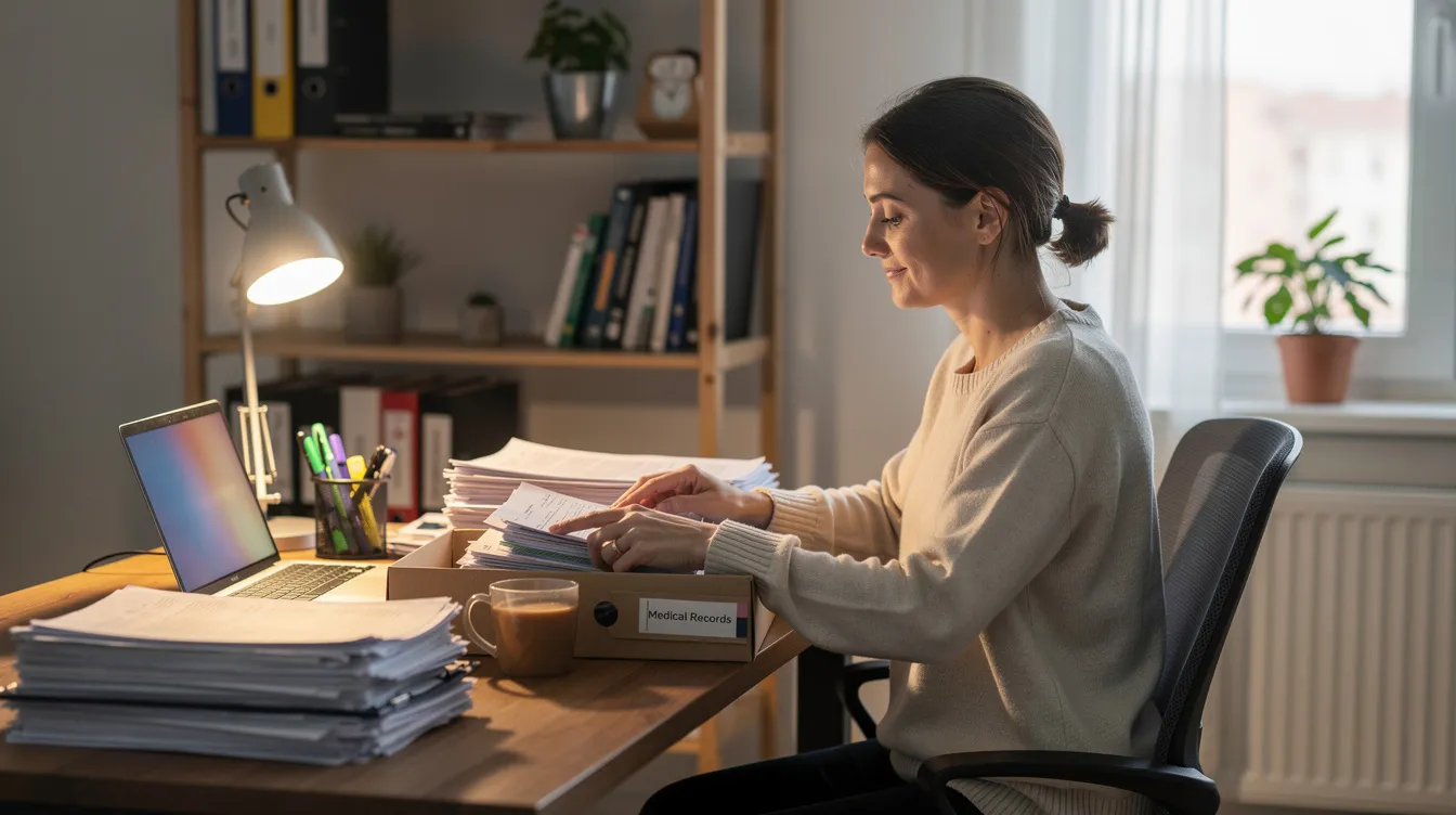 Truck Accident Lawyer Houston: Protecting Houston Truck Accident Victims After Serious Crashes 4 A person is sitting at a desk in a home office, carefully organizing medical documents and papers into a filing folder, likely related to a truck accident case. The scene reflects the meticulous work often required for truck accident victims dealing with medical bills and insurance companies.