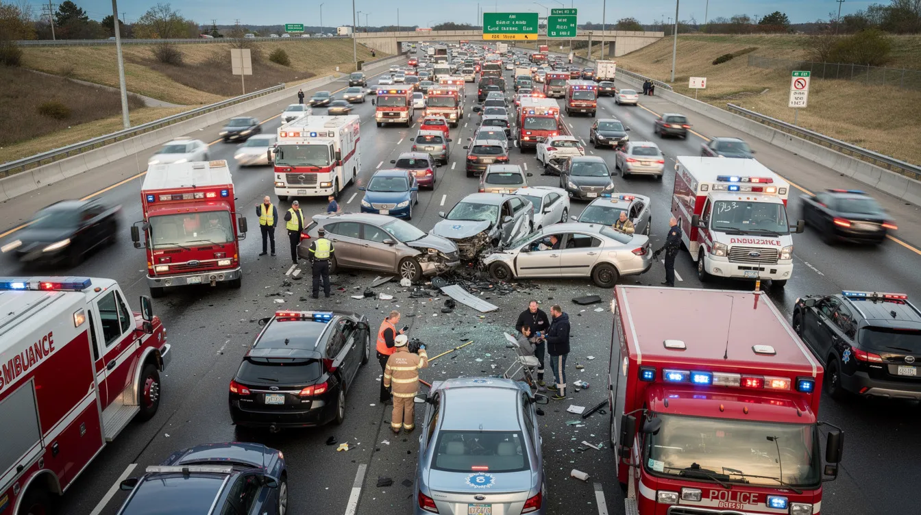 Best Attorney for Auto Accident: How to Choose the Right Car Accident Lawyer in 2026 1 The image depicts a busy highway scene where emergency response vehicles are attending to a multi-car collision during the daytime, highlighting the chaos of a serious car accident. This situation often leads to personal injury claims and requires the expertise of experienced car accident attorneys to assist victims with their legal representation and recovery of medical expenses.