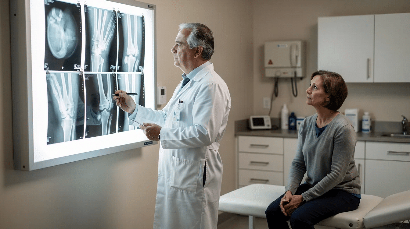 A doctor is intently reviewing X-ray images on a lightbox while a patient sits nearby, likely discussing the medical treatment needed for injuries sustained in an accident. This scene highlights the importance of medical records in personal injury cases, where securing financial compensation can be essential for recovery.