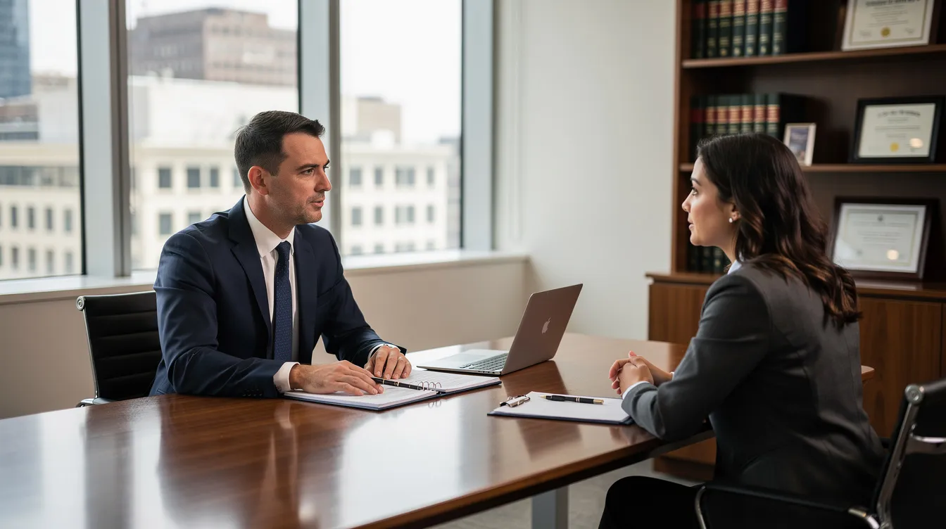 Trucking Accident Lawyer: How an Attorney Protects You After a Serious Truck Crash 4 A lawyer is seated across from a client at a desk in a professional office, discussing legal options related to truck accident cases. The setting conveys a serious atmosphere, emphasizing the importance of seeking compensation for injuries sustained in commercial truck accidents.