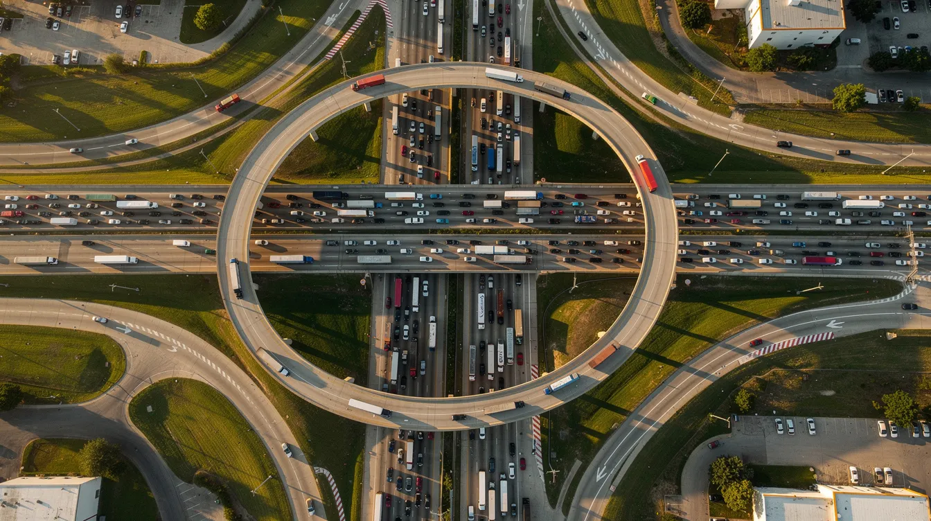 Truck Accident Lawyer Houston: Protecting Houston Truck Accident Victims After Serious Crashes 2 An aerial view captures a busy multi-level highway interchange in Houston, bustling with heavy traffic including numerous large trucks and 18-wheelers. This scene highlights the complex nature of commercial truck accidents, emphasizing the potential risks for truck drivers and the need for experienced truck accident attorneys to assist victims in navigating their legal options.