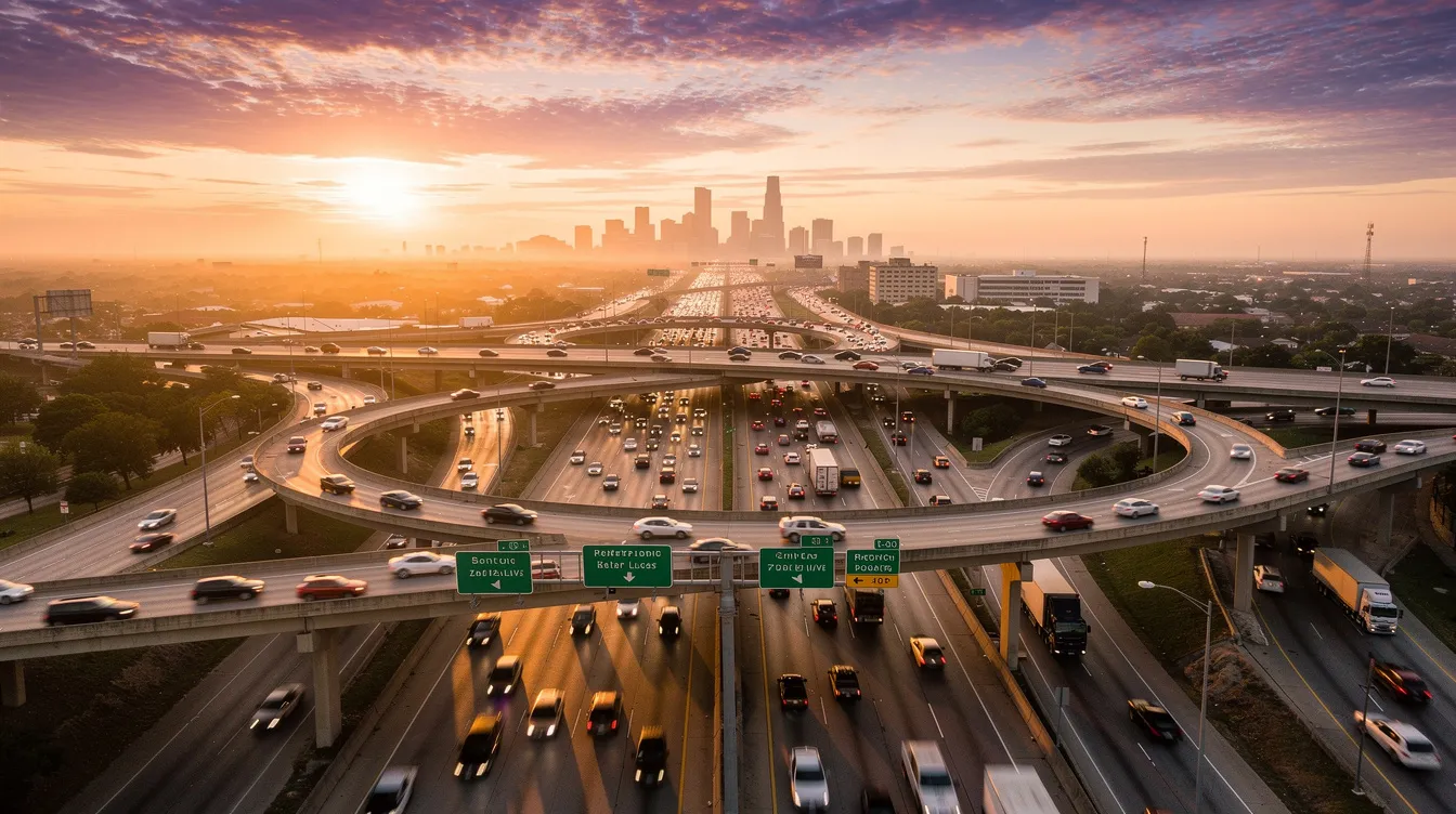 Personal Injury Law Firm in Houston: How Our Houston Personal Injury Lawyers Protect Accident Victims 1 The image depicts a wide highway interchange in Houston at sunset, with multiple lanes of traffic moving in both directions, highlighting the bustling nature of the city. This scene reflects the importance of having experienced personal injury lawyers in Houston to assist accident victims in navigating the complexities of personal injury claims.