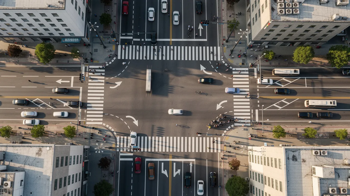 An aerial view captures a busy intersection filled with multiple lanes and crosswalks, where cars navigate through traffic. This bustling scene highlights the potential for car accidents, underscoring the importance of having experienced personal injury attorneys to assist car accident victims in pursuing fair compensation for their claims.