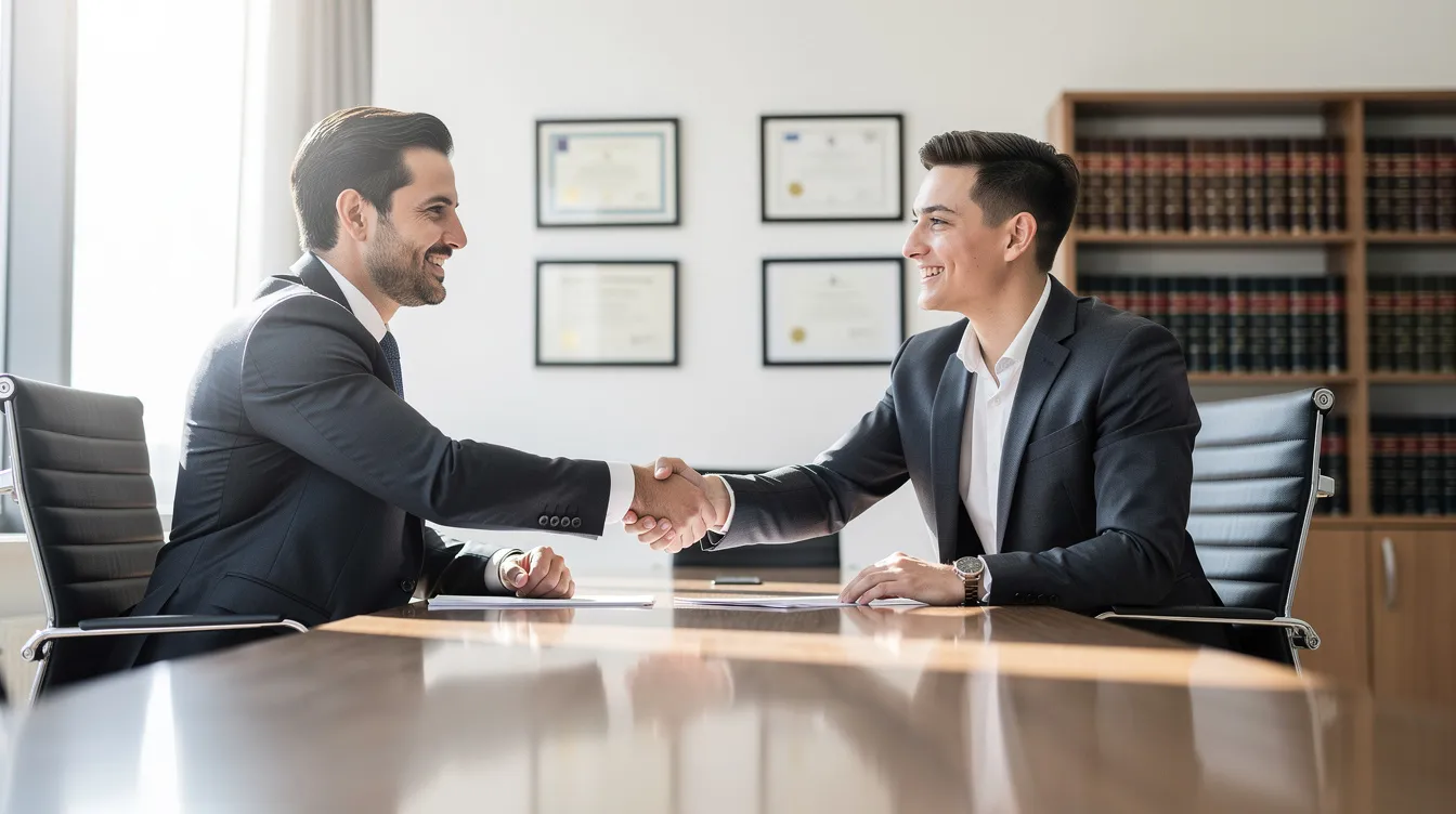The image depicts a confident professional shaking hands with a client across a conference table in a bright law office, symbolizing a partnership in navigating car accident claims and securing maximum compensation for accident victims. The warm and welcoming atmosphere suggests a commitment to providing support for serious injuries and legal guidance throughout the personal injury process.