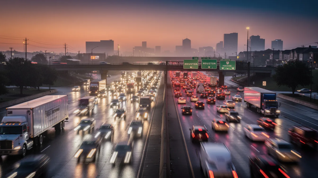 Injury Attorney Houston: How InjuredCase.com Helps You Connect With Top Houston Personal Injury Lawyers 2 The image depicts a busy multi-lane highway in Houston at dusk, filled with trucks and cars caught in traffic. This scene reflects the hustle and bustle of city life, where personal injury attorneys often assist accident victims in navigating the legal process after car accidents and other serious injuries.