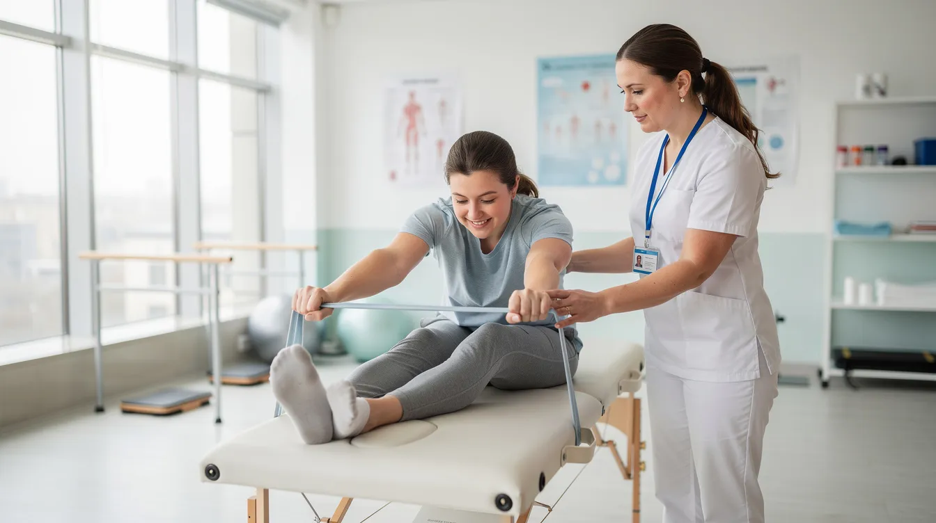 Attorneys for Personal Injury: How the Right Injury Lawyer Protects Your Claim 3 The image shows a patient engaged in physical therapy exercises with a therapist in a bright and welcoming rehabilitation clinic, highlighting the importance of medical treatment for personal injury victims recovering from serious injuries. The supportive environment emphasizes the role of experienced personal injury attorneys in helping accident victims pursue compensation for their medical expenses and rehabilitation costs.
