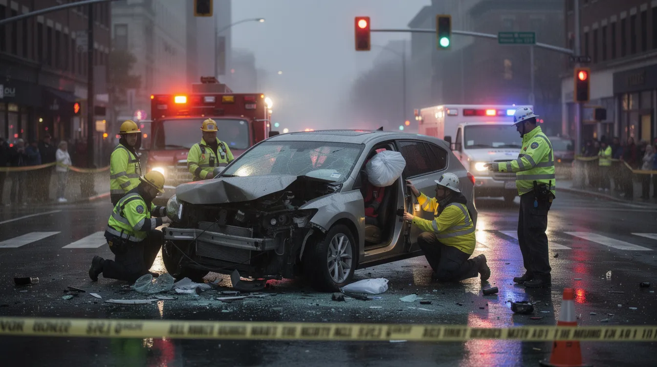 Best Attorney for Auto Accident: How to Choose the Right Car Accident Lawyer in 2026 2 The image depicts a damaged vehicle at an intersection, surrounded by emergency responders attending to the scene of a serious car accident. This situation highlights the importance of seeking an experienced car accident attorney to navigate the complexities of car accident cases and ensure proper legal representation for accident victims.