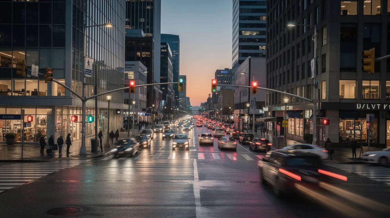 Attorneys for Personal Injury: How the Right Injury Lawyer Protects Your Claim 1 The image depicts a bustling city intersection at dusk, filled with cars and illuminated crosswalk signals, highlighting the busy urban environment. This scene represents the potential risks faced by pedestrians and drivers alike, emphasizing the importance of having an experienced personal injury attorney to handle personal injury claims resulting from accidents.