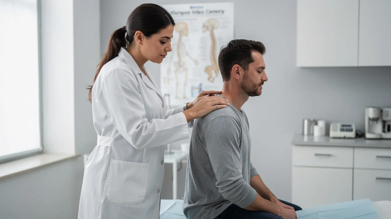 A medical professional in a white coat is examining a patient's neck and shoulder in a clinical setting, highlighting the importance of seeking medical attention immediately after a car accident to address potential serious injuries. This scene emphasizes the need for proper medical treatment and documentation for car accident claims.