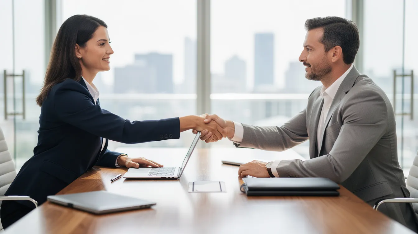 Best Lawyers for Personal Injury: How to Choose the Right Attorney for Your Case 4 The image depicts a professional handshake between two individuals across a sleek desk in a modern office setting, symbolizing a successful partnership in personal injury law. This moment reflects the commitment of personal injury attorneys to provide legal representation for injury victims navigating the complexities of personal injury litigation.