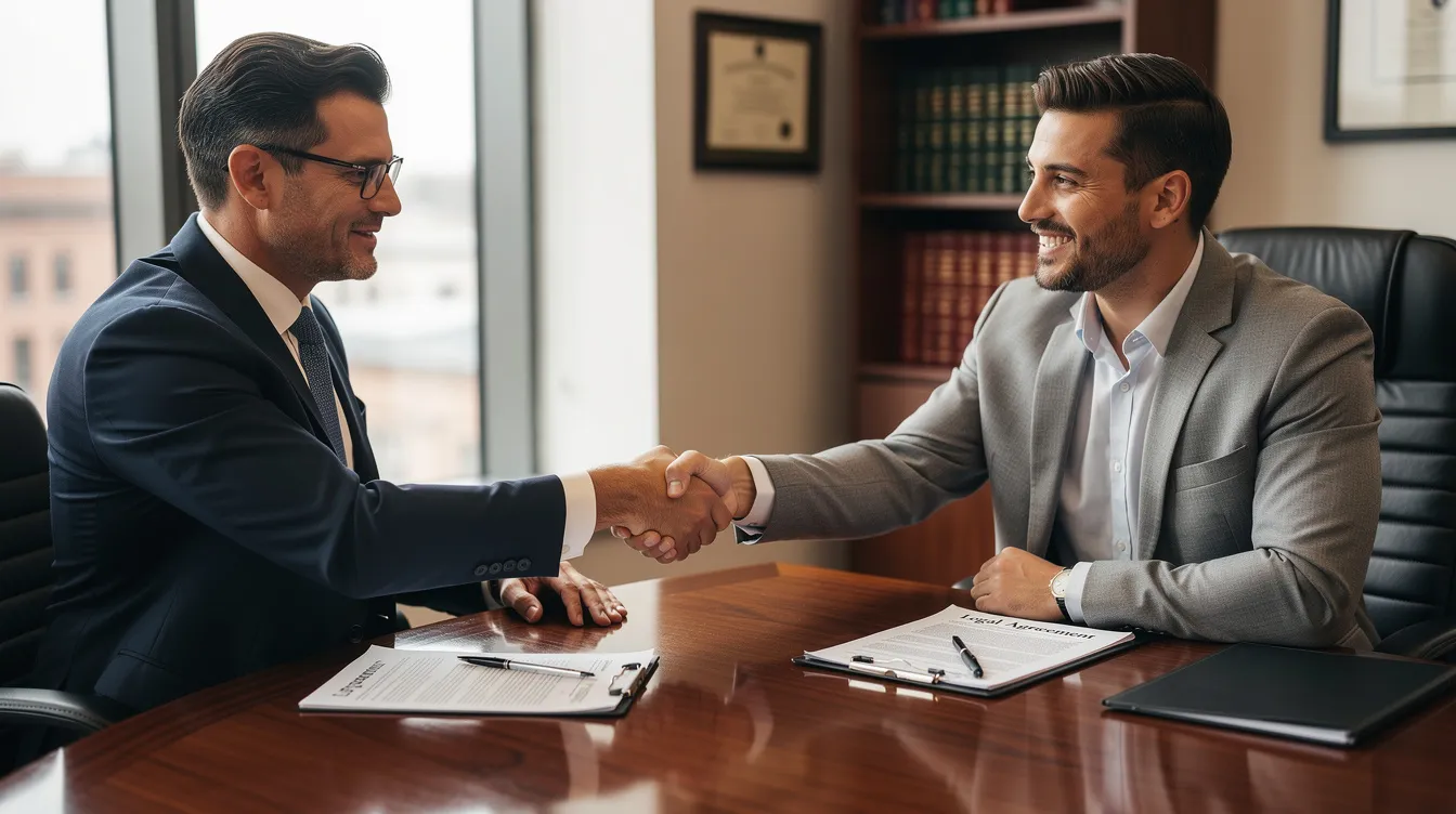 Best Attorney for Auto Accident: How to Choose the Right Car Accident Lawyer in 2026 5 An attorney and client are shaking hands across a conference table filled with legal documents, symbolizing their partnership in navigating a car accident lawsuit. This image reflects the importance of legal representation for car accident victims seeking to recover compensation for their injuries and losses.