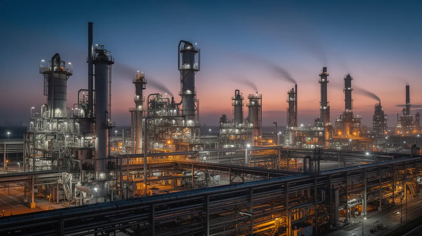 The image depicts a large industrial refinery complex at dusk, showcasing intricate pipes and towering structures silhouetted against a colorful sky. This scene highlights the complexity of industrial environments, which can sometimes be associated with workplace accidents leading to serious brain injuries or traumatic brain injuries, emphasizing the importance of safety and legal support from Houston brain injury attorneys.