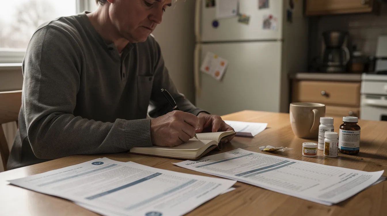 Best Lawyers for Personal Injury: How to Choose the Right Attorney for Your Case 5 A person is seated at a kitchen table, writing in a journal while surrounded by medical documents, possibly related to a personal injury case. The scene suggests a focus on legal representation and the complexities of personal injury law, as the individual reflects on their experiences and medical treatment.