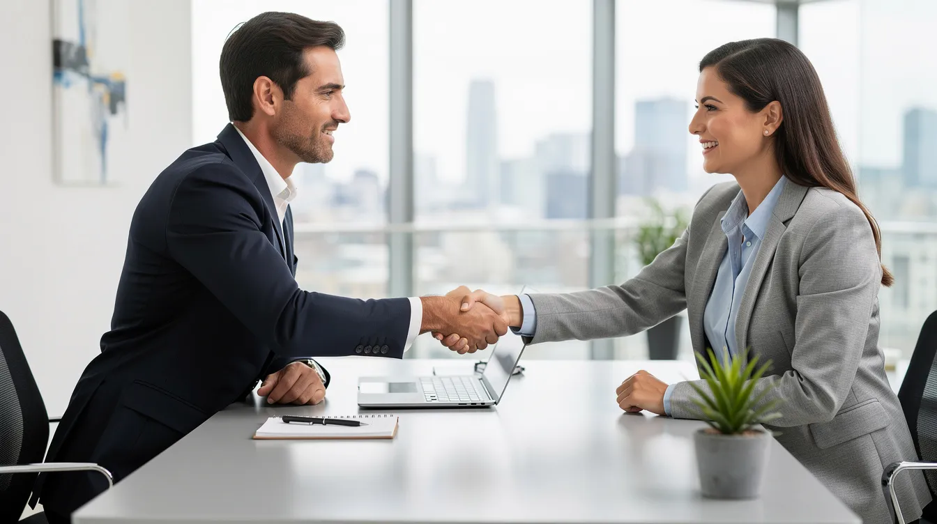 Injury Lawyer Close to Me: How to Find the Right Local Personal Injury Attorney 4 In a modern office setting, two professionals are shaking hands across a desk, symbolizing a successful agreement or collaboration. This image reflects the importance of experienced personal injury lawyers working with clients to navigate personal injury claims and pursue maximum compensation for accident victims.