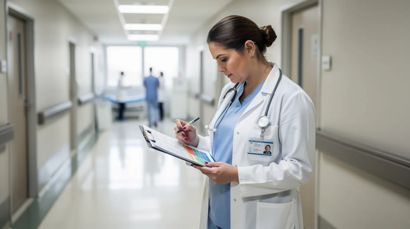 A medical professional is seen in a hospital hallway, intently reviewing documents and charts on a clipboard, which may include medical records relevant to personal injury cases. This scene highlights the importance of thorough documentation in the legal process for personal injury claims and the role of healthcare providers in supporting injured clients.