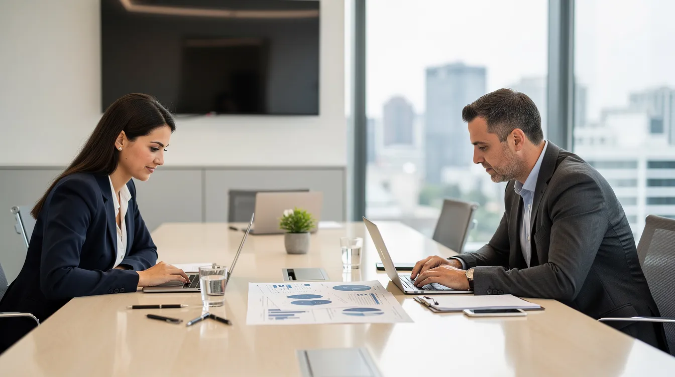 The image depicts two professionals engaged in a discussion while reviewing documents at a sleek conference table in a modern office setting, highlighting themes of employment law and workplace practices. The atmosphere suggests a focus on important employment matters, possibly related to federal and state laws or workplace discrimination issues.