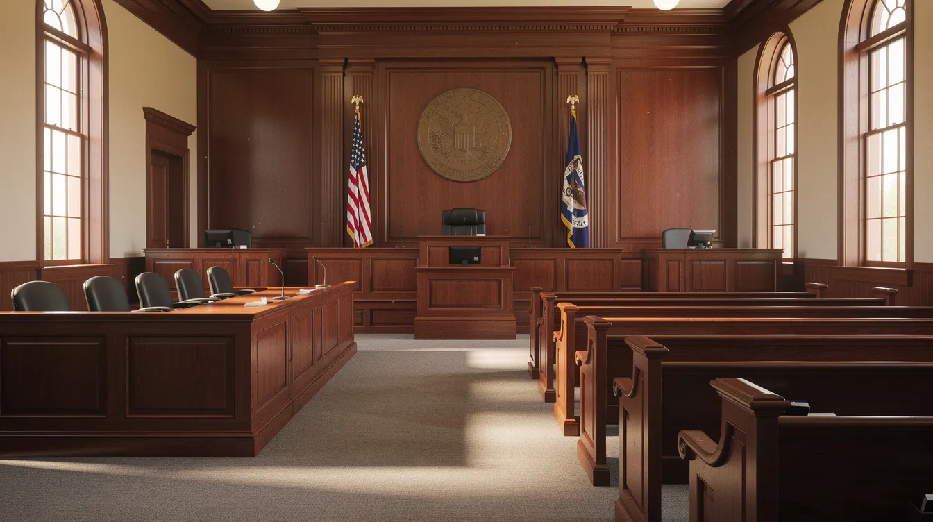 Best Lawyers for Personal Injury: How to Choose the Right Attorney for Your Case 3 The image depicts an empty courtroom featuring a polished wooden jury box and a prominent judge's bench, symbolizing the serious nature of personal injury law and the legal process. This setting is where personal injury attorneys represent clients seeking justice for injuries suffered due to negligence or accidents.