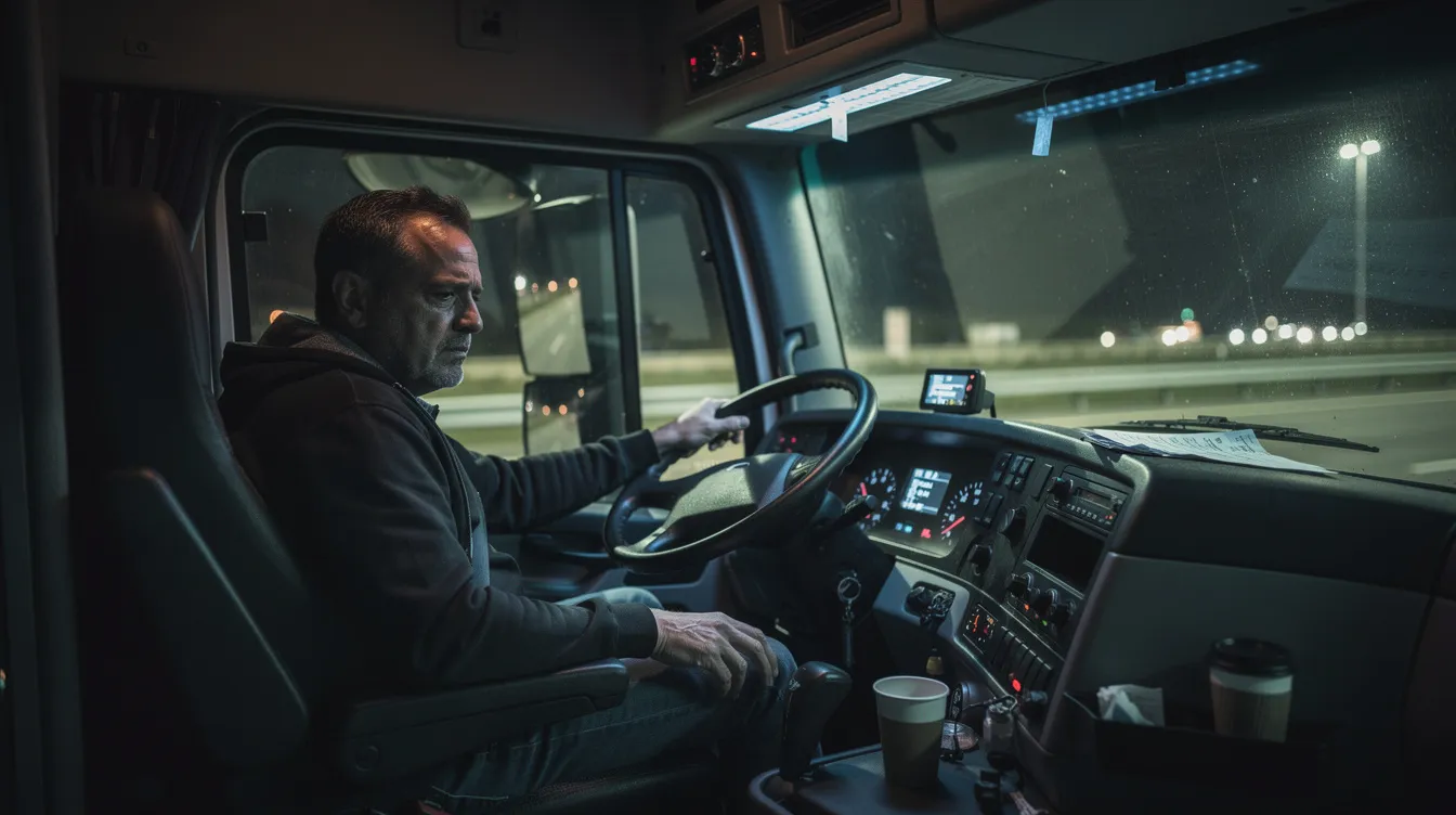 Trucking Accident Lawyer: How an Attorney Protects You After a Serious Truck Crash 2 A fatigued truck driver sits behind the wheel of a big rig at night, reflecting the challenges faced in the trucking industry. The image highlights the importance of safety and the potential risks of truck accidents, which can lead to serious injuries and complicated legal cases involving accident lawyers and insurance companies.