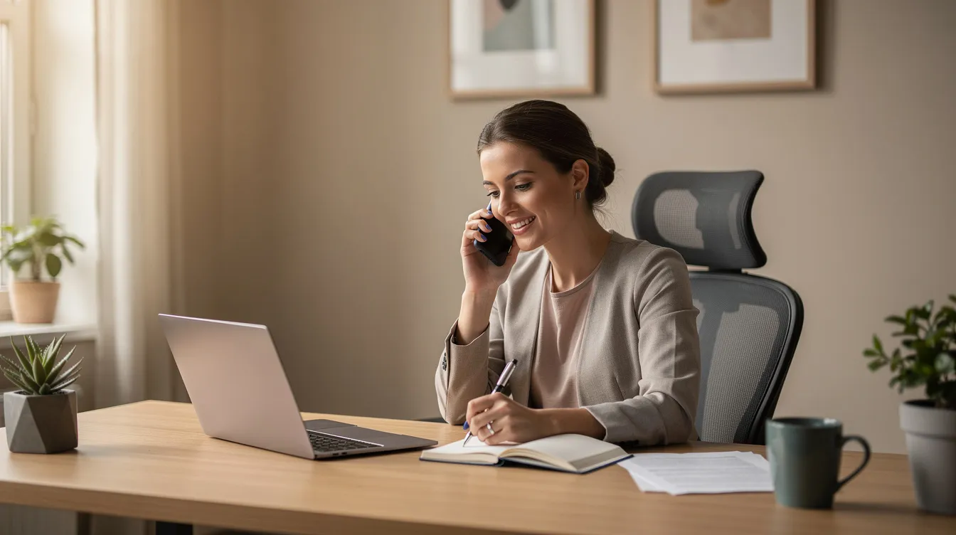 A professional woman is seated at a desk in her home office, taking notes while engaged in a phone conversation. The setting reflects a focus on legal matters, possibly discussing employment law issues such as wrongful termination or workplace discrimination, highlighting her role as a dedicated employment law attorney.