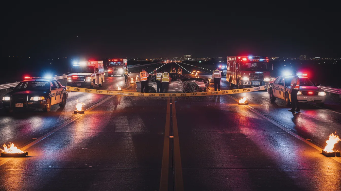 Truck Accident Lawyer Houston: Protecting Houston Truck Accident Victims After Serious Crashes 3 The image depicts emergency responders and police vehicles illuminated by flashing lights at night on a wide highway, surrounded by flares and caution tape marking a truck accident scene. The presence of commercial trucks and the urgency of the situation suggest a serious crash, highlighting the importance of experienced truck accident lawyers for victims seeking justice and compensation.