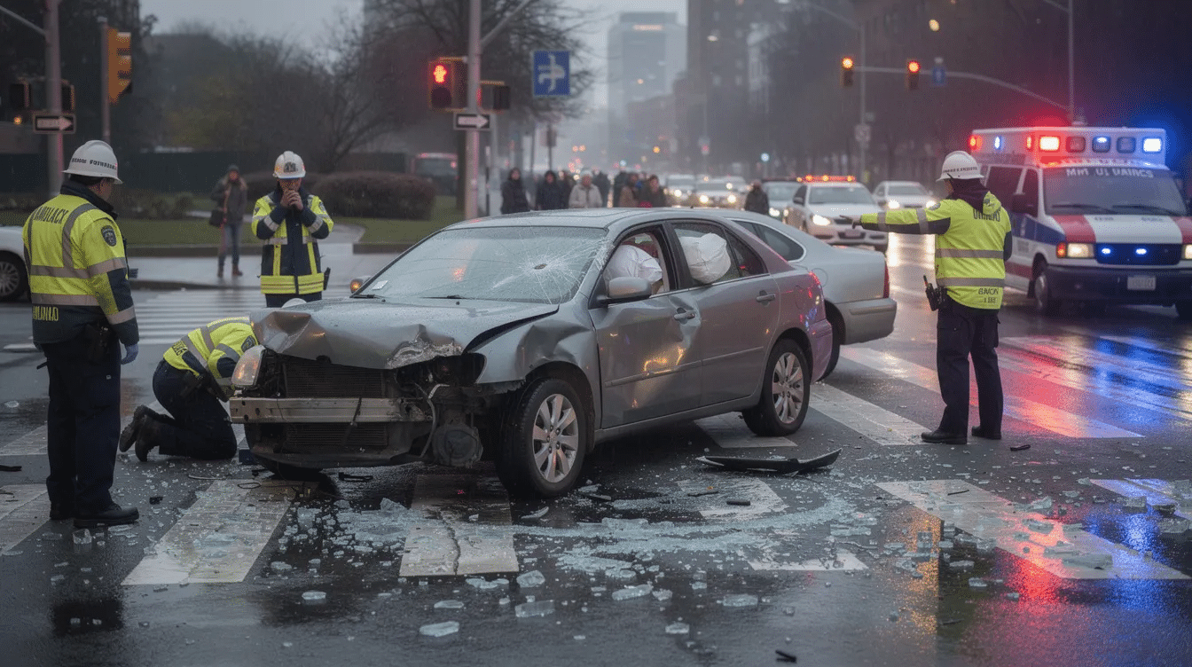 The image depicts a damaged car at an intersection following a collision, with emergency responders attending to the scene. This situation often leads to personal injury claims for the injured parties, who may face medical bills and lost wages as they seek compensation for their suffering.