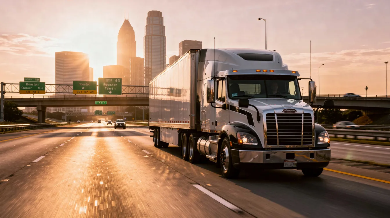 Truck Accident Lawyer Houston: Protecting Houston Truck Accident Victims After Serious Crashes 1 A large semi truck is driving along a wide multi-lane Texas highway during golden hour, with the Houston skyline rising in the background. This scene captures the essence of commercial trucking, highlighting the importance of experienced truck accident attorneys in the event of truck accidents on Texas roads.