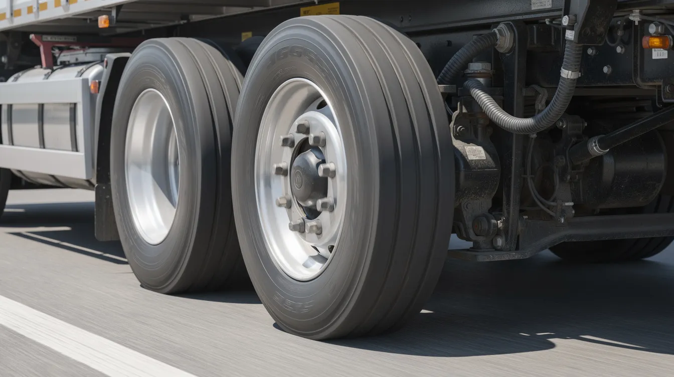 Trucking Accident Lawyers: How to Choose the Right Attorney After a Serious Truck Crash 2 A close-up view of a commercial truck's wheels and braking system on a highway highlights the essential components that ensure safe operation in the trucking industry. This image emphasizes the importance of proper maintenance to prevent truck accidents and protect both truck drivers and other road users.